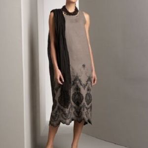 ESKANDAR Visone Tan-Taupe Linen Embroidered Scallop Hem Dress 0